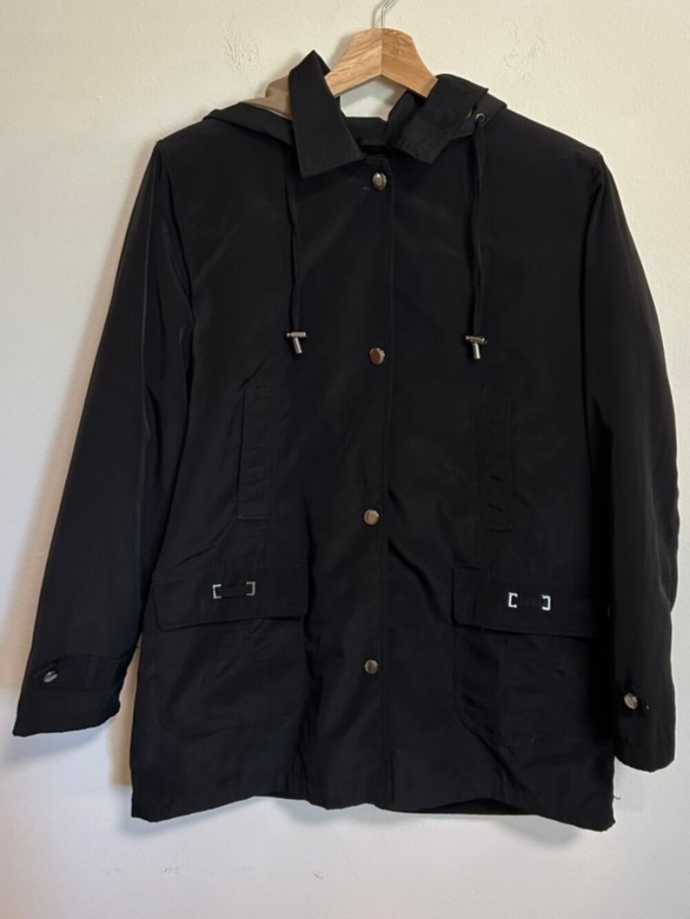 Tudor Court by Haband Black Jacket Removable Lining Hooded Buttons Sz M EUC